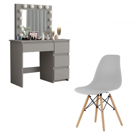 Masa de toaleta/machiaj + Scaun stil scandinav, gri, cu oglinda si LED-uri, 94x43x141 cm [0]