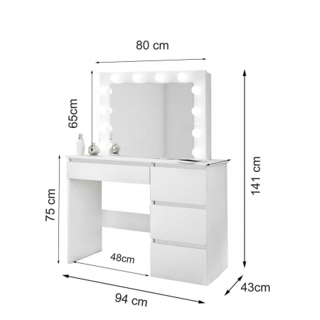 Masa de toaleta/machiaj + Scaun stil scandinav, gri, cu oglinda si LED-uri, 94x43x141 cm [4]