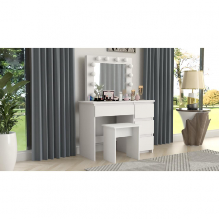 Masa de toaleta/machiaj + Taburet, alba, cu oglinda si LED-uri, Irina, 94x43x141 cm [1]