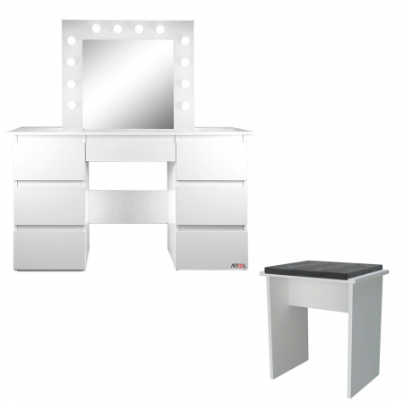 Mese de machiaj - Masa de toaleta/machiaj + Taburet, alba, cu oglinda si LED-uri, Vanessa, 130x43x143 cm