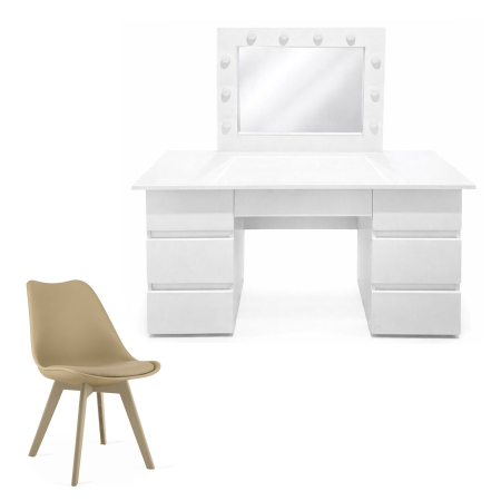 Mese de machiaj - Masa de toaleta/machiaj, Vanessa, alba + scaun Mark, bej, cu oglinda si LED-uri, 130x43x143 cm