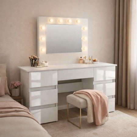 Masa de toaleta/machiaj, Vanessa, alba, sertare lucioase, cu oglinda si LED-uri, 130x43x143 cm [1]