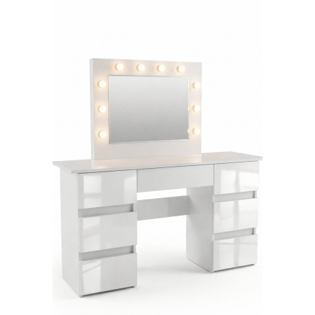 Mese de machiaj - Masa de toaleta/machiaj, Vanessa, alba, sertare lucioase, cu oglinda si LED-uri, 130x43x143 cm