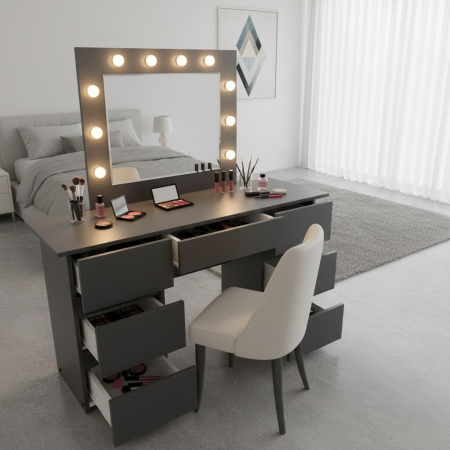 Masa de toaleta/machiaj, Vanessa, antracit, cu oglinda si LED-uri, 130x43x143 cm [1]