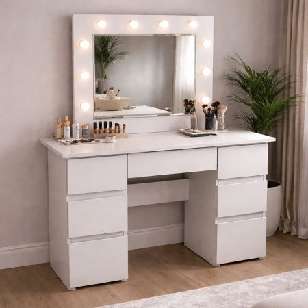 Mese de machiaj - Masa de toaleta/machiaj, Vanessa, gri deschis, cu oglinda si LED-uri, 130x43x143 cm