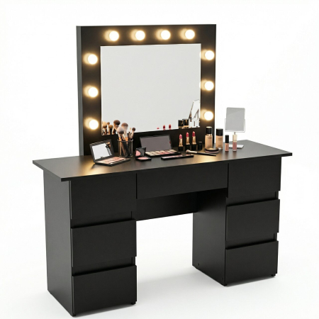 Mese de machiaj - Masa de toaleta/machiaj, Vanessa, negru, cu oglinda si LED-uri, 130x43x143 cm