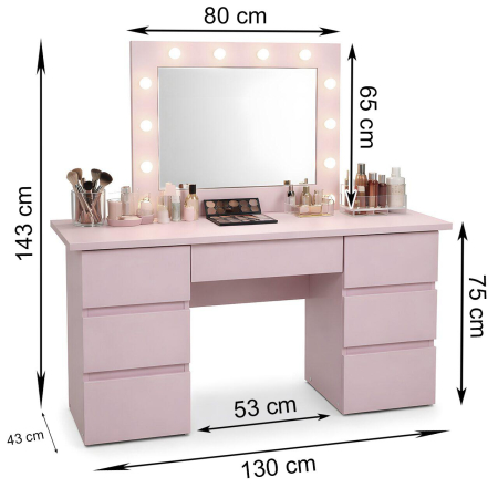Masa de toaleta/machiaj, Vanessa, roz, cu oglinda si LED-uri, 130x43x143 cm [3]