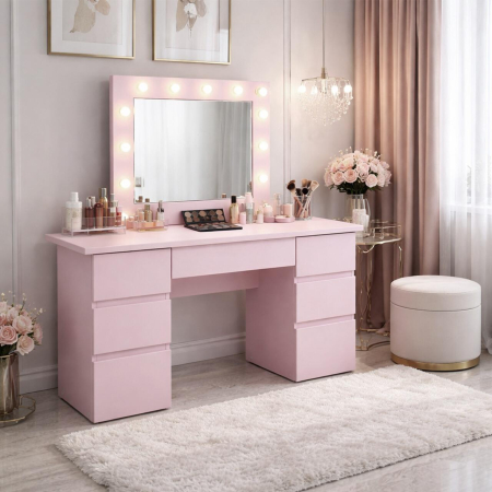 Masa de toaleta/machiaj, Vanessa, roz, cu oglinda si LED-uri, 130x43x143 cm [1]