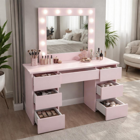 Masa de toaleta/machiaj, Vanessa, roz, cu oglinda si LED-uri, 130x43x143 cm [2]