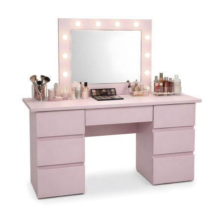 Mese de machiaj - Masa de toaleta/machiaj, Vanessa, roz, cu oglinda si LED-uri, 130x43x143 cm
