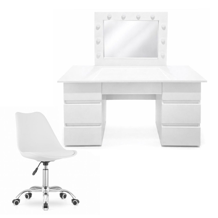 Mese de machiaj - Masa de toaleta/machiaj, Vanessa + scaun Alba, alb, cu oglinda si LED-uri, 130x43x143 cm