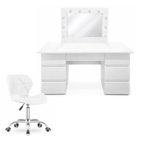 Mese de machiaj - Masa de toaleta/machiaj, Vanessa + scaun Avola, alb, cu oglinda si LED-uri, 130x43x143 cm