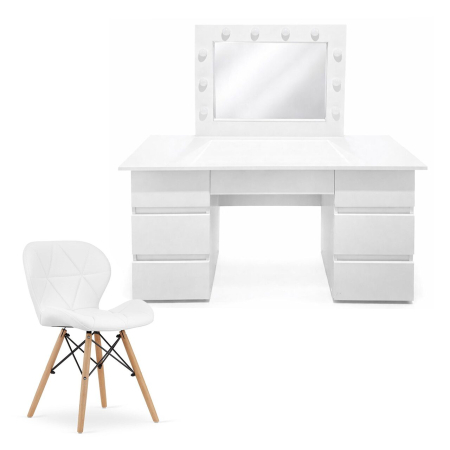 Mese de machiaj - Masa de toaleta/machiaj, Vanessa + scaun Lago, alb, cu oglinda si LED-uri, 130x43x143 cm