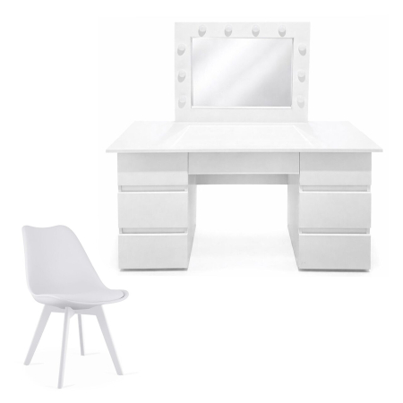 Mese de machiaj - Masa de toaleta/machiaj, Vanessa + scaun Mark, alb, cu oglinda si LED-uri, 130x43x143 cm