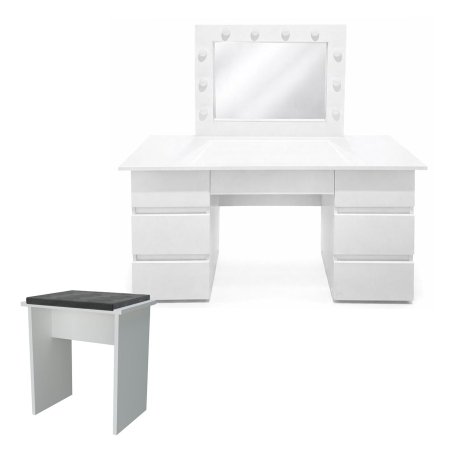 Mese de machiaj - Masa de toaleta/machiaj, Vanessa + taburet, alb, cu oglinda si LED-uri, 130x43x143 cm