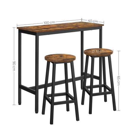Masa pentru bucatarie/living/bar + 2 scaune, Artool, pal si otel, maro rustic, 100x40x90 cm [4]