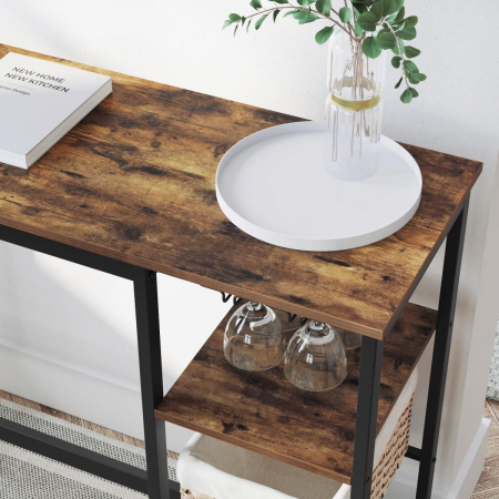 Masa pentru bucatarie/living/bar, Artool, inalta, pal, otel, cu suport pahare si sticle, 3 rafturi, maro rustic, 110x40x90 cm [3]