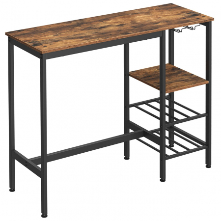 Mese - Masa pentru bucatarie/living/bar, Artool, inalta, pal, otel, cu suport pahare si sticle, 3 rafturi, maro rustic, 110x40x90 cm