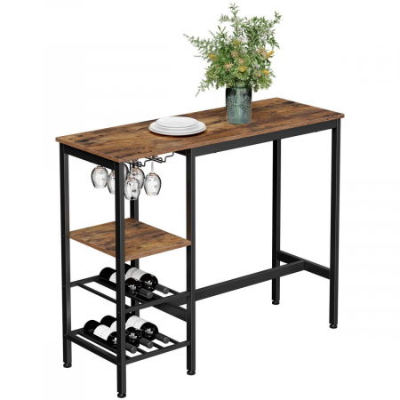 Masa pentru bucatarie/living/bar, Artool, inalta, pal, otel, cu suport pahare si sticle, 3 rafturi, maro rustic, 110x40x90 cm [7]