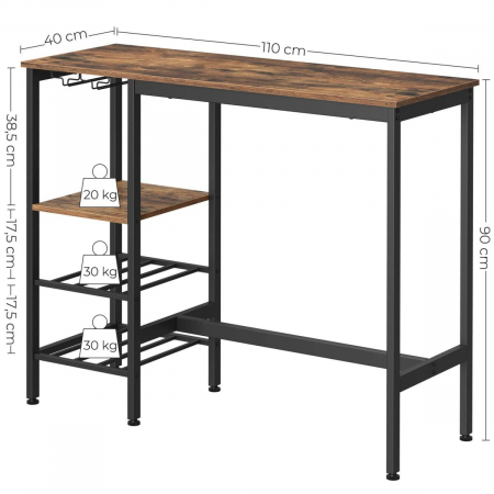 Masa pentru bucatarie/living/bar, Artool, inalta, pal, otel, cu suport pahare si sticle, 3 rafturi, maro rustic, 110x40x90 cm [5]