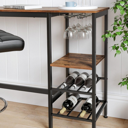 Masa pentru bucatarie/living/bar, Artool, inalta, pal, otel, cu suport pahare si sticle, 3 rafturi, maro rustic, 110x40x90 cm [2]