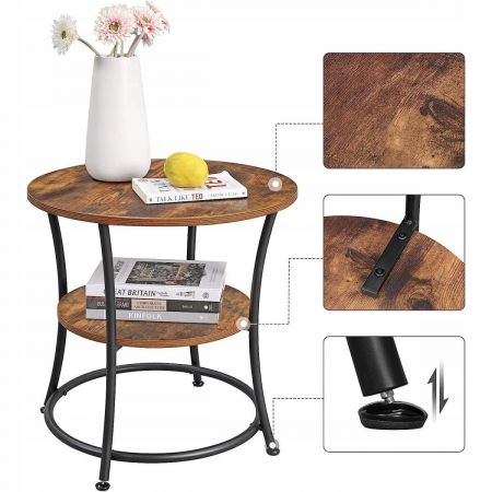 Masa pentru sufragerie/living, Artool, rotunda, pal, metal, cu raft depozitare, maro rustic si negru, 55x55 cm [4]