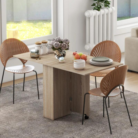 Masa pentru sufragerie/living, pe roti, extensibila, pal, maro natur, 23-140x75x74 cm [8]