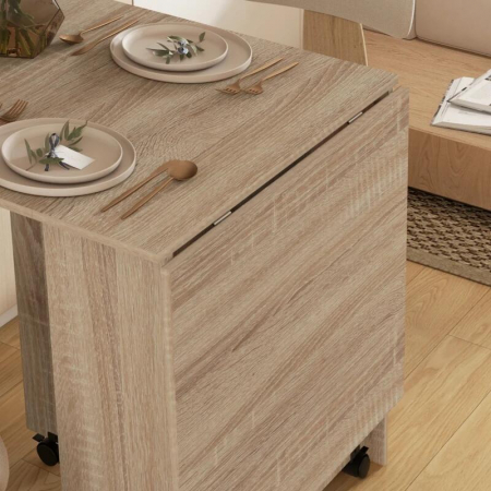 Masa pentru sufragerie/living, pe roti, extensibila, pal, maro natur, 23-140x75x74 cm [1]