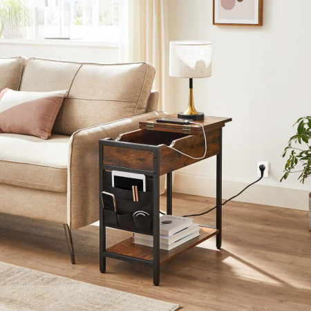 Noptiera/masa laterala, Artool, pal si otel, cu compartiment interior, buzunare depozitare, priza, USB, maro rustic, 60x31.5x60 cm [5]