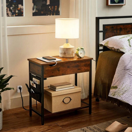 Noptiera/masa laterala, Artool, pal si otel, cu compartiment interior, buzunare depozitare, priza, USB, maro rustic, 60x31.5x60 cm [3]