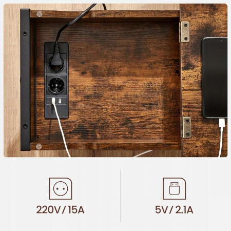 Noptiera/masa laterala, Artool, pal si otel, cu compartiment interior, buzunare depozitare, priza, USB, maro rustic, 60x31.5x60 cm [7]