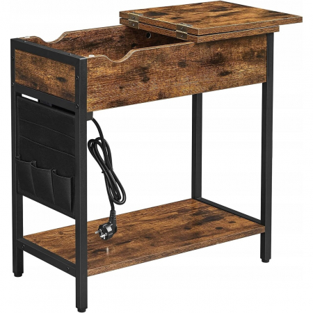 Mese - Noptiera/masa laterala, Artool, pal si otel, cu compartiment interior, buzunare depozitare, priza, USB, maro rustic, 60x31.5x60 cm