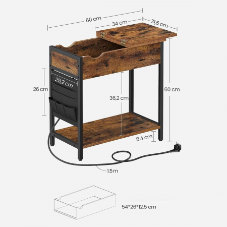 Noptiera/masa laterala, Artool, pal si otel, cu compartiment interior, buzunare depozitare, priza, USB, maro rustic, 60x31.5x60 cm [1]