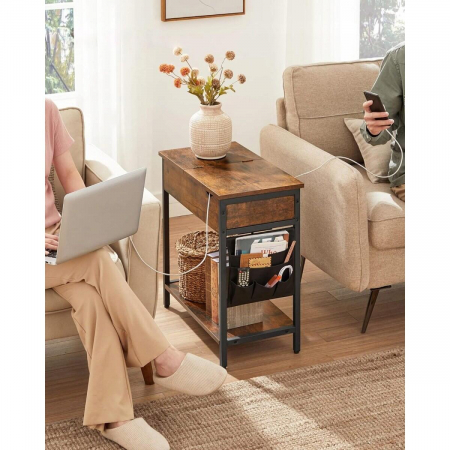 Noptiera/masa laterala, Artool, pal si otel, cu compartiment interior, buzunare depozitare, priza, USB, maro rustic, 60x31.5x60 cm [2]