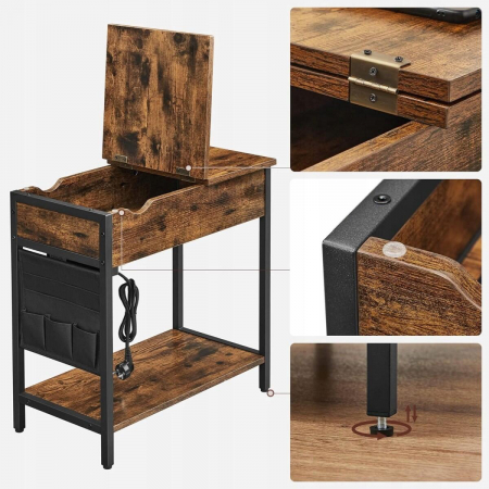 Noptiera/masa laterala, Artool, pal si otel, cu compartiment interior, buzunare depozitare, priza, USB, maro rustic, 60x31.5x60 cm [4]