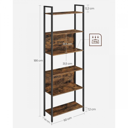 Raft depozitare, Artool, pal, otel, 6 polite, maro rustic si negru, max 23 kg, 60x24x186 cm [8]