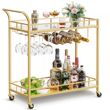 Raft mobil pentru bucatarie, Artool, pe roti, otel, sticla, cu suport pahare si sticle, auriu, 86x38x90 cm [7]