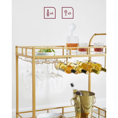 Raft mobil pentru bucatarie, Artool, pe roti, otel, sticla, cu suport pahare si sticle, auriu, 86x38x90 cm [3]