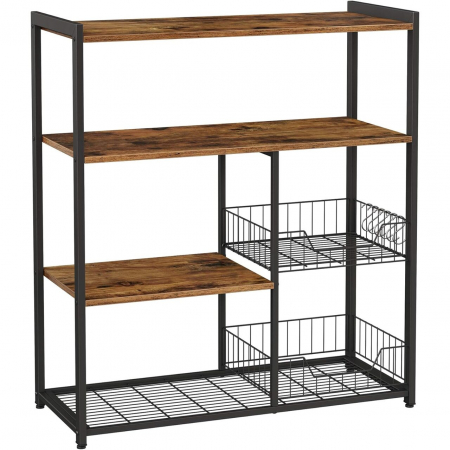 Mese - Raft pentru bucatarie, Artool, pal, otel, 4 polite, cu compartimente pentru farfurii, negru si maro rustic, 80x35x95 cm