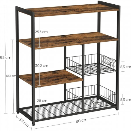 Raft pentru bucatarie, Artool, pal, otel, 4 polite, cu compartimente pentru farfurii, negru si maro rustic, 80x35x95 cm [5]