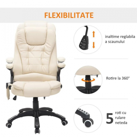 Scaun de birou cu masaj si incalzire, rotativ, piele ecologica, bej, max 150 kg, 62x68x111-121 cm [6]