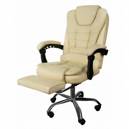 Scaune birou - Scaun de birou, Malatec, cu suport pentru picioare, rotativ, piele ecologica, crem, 65x102/110 cm