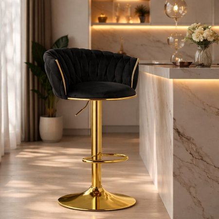 Scaune - Scaun de bucatarie/bar, Artool, Mig, rotativ, catifea neagra, picior metal auriu, 51x50x84-105 cm