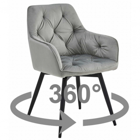 Scaun stil fotoliu bucatarie/living, Artool, York, rotativ, catifea, metal, gri argintiu si negru, 56x61x84 cm [2]