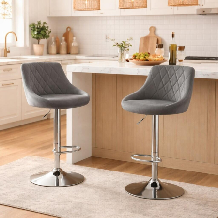Scaune - Set 2 scaune de bucatarie/bar, Artool, Kast, rotativ, catifea gri, picior metal argintiu, 45.5x49x85-105 cm