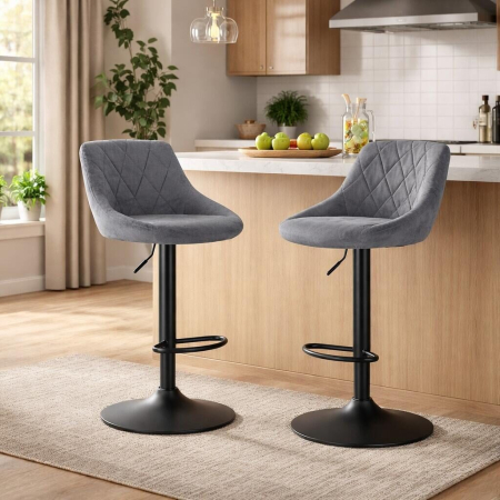 Scaune - Set 2 scaune de bucatarie/bar, Artool, Kast, rotativ, catifea gri, picior metal negru, 45.5x49x85-105 cm