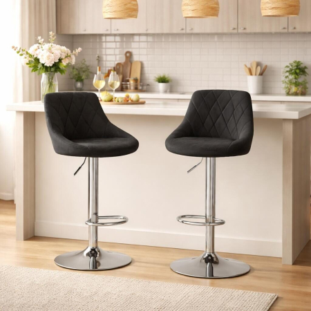 Scaune - Set 2 scaune de bucatarie/bar, Artool, Kast, rotativ, catifea neagra, picior metal argintiu, 45.5x49x85-105 cm