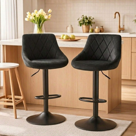 Scaune - Set 2 scaune de bucatarie/bar, Artool, Kast, rotativ, catifea neagra, picior metal negru, 45.5x49x105 cm