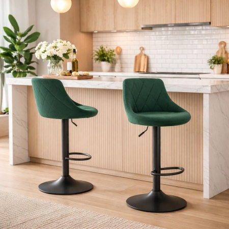 Scaune - Set 2 scaune de bucatarie/bar, Artool, Kast, rotativ, catifea verde, picior metal negru, 45.5x49x85-105 cm