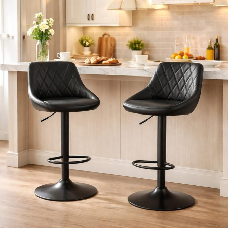 Scaune - Set 2 scaune de bucatarie/bar, Artool, Kast, rotativ, piele ecologica neagra, picior metal negru, 45.5x48.5x85-105 cm